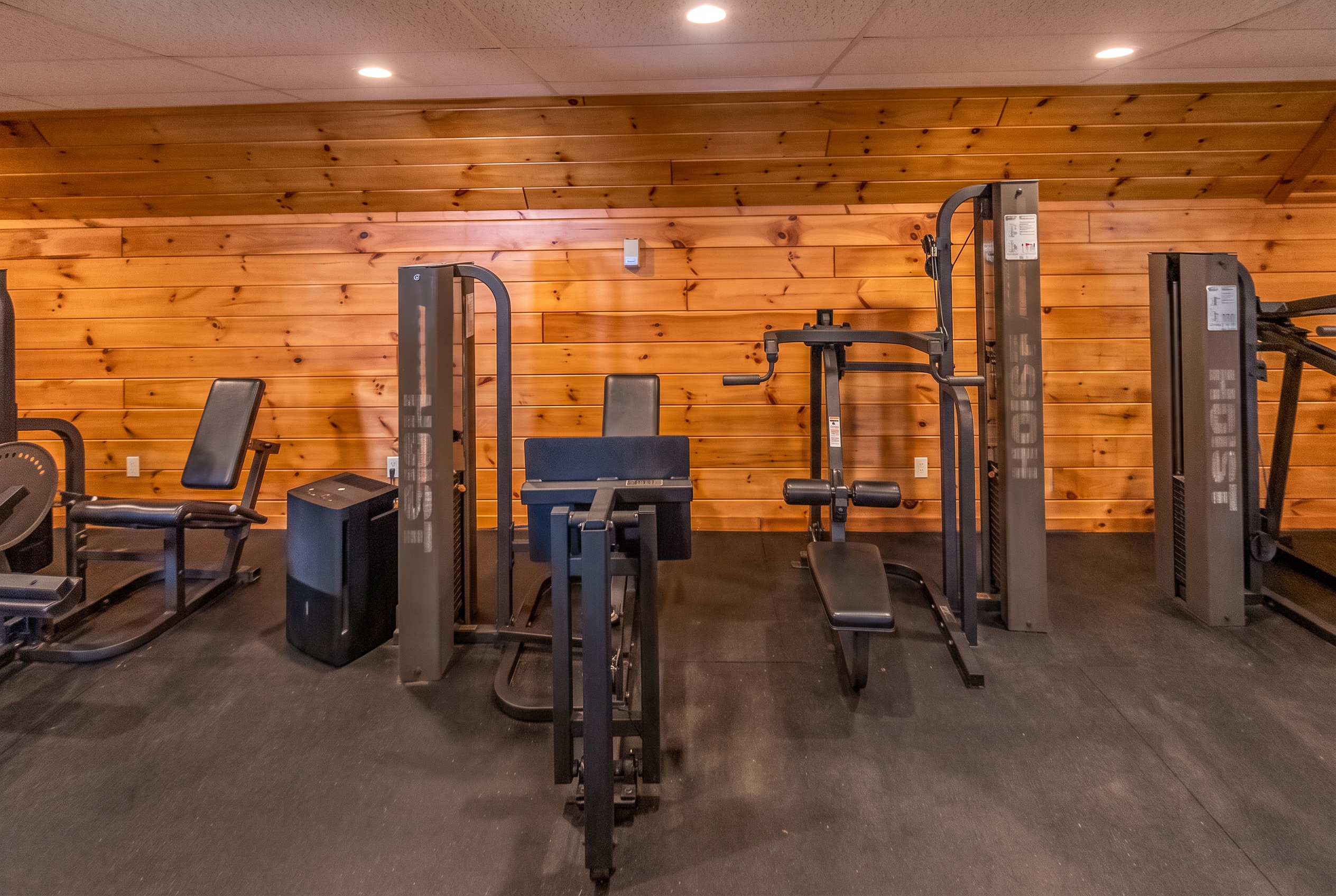 Inside the wood-panelled fitness studio at Point O'Pines, with weight machines and gym equipment