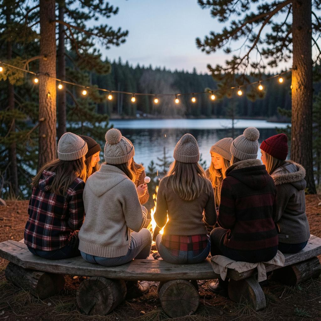 Women sitting with their backs to the camera around a campfire under string lights at dusk